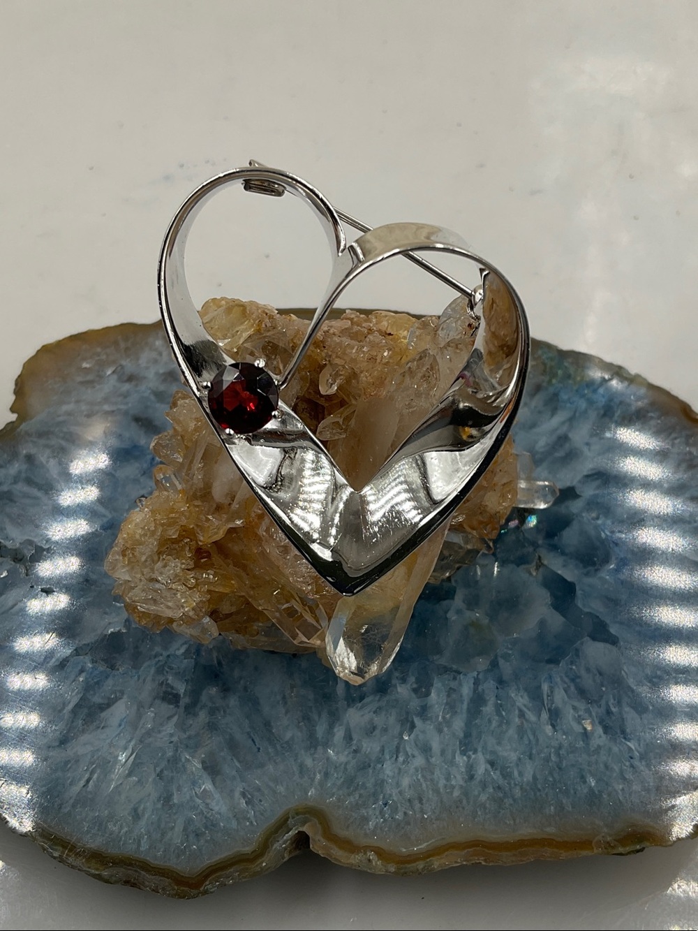 Sterling Silver (Signed 925) Heart Brooch with Red Garnet Accent